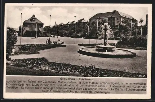 AK Glauchau /Sa., Parkanlage mit Springbrunnen