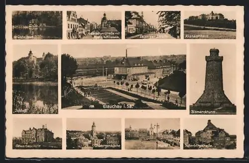 AK Glauchau /Sa., Gründelhaus, Leipziger Strasse, Bismarckturm