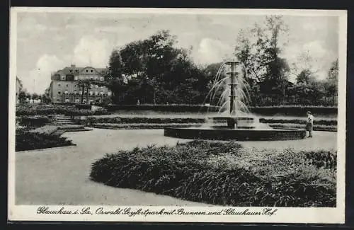 AK Glauchau /Sa., Oswald Seyfertpark mit Brunnen und Glauchauer Hof