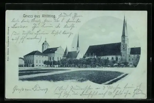 Mondschein-AK Altötting, Ortspartie mit Kirchen