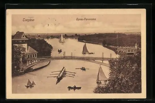 AK Berlin-Treptow, Spree-Panorama mit Segelbooten