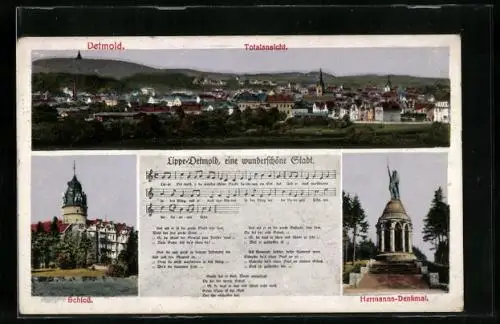 AK Detmold, Totalansicht, Schloss, Hermanns-Denkmal und Lied Lippe-Detmold...