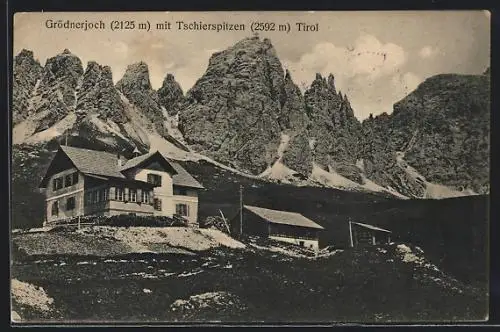 AK Grödner Joch-Hütte, Berghütte mit Tschierspitzen