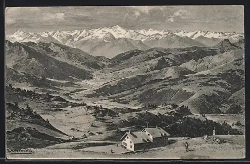 Künstler-AK Franz Kulstrunk: Kitzbüheler Horn-Gipfelhaus, Berghütte gegen den Grossvenediger