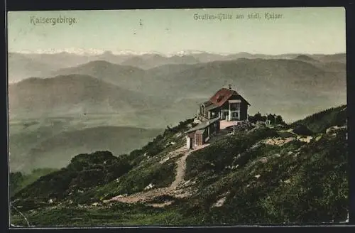 AK Grutten-Hütte, Berghütte am südlichen Kaiser mit Bergpanorama