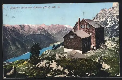 AK Erfurter Hütte, Aussenansicht der Berghütte mit dem Achensee