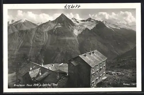 AK Breslauer Haus, Berghütte im Oetztal mit Gipfelpanorama
