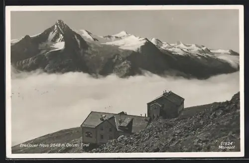 AK Breslauer Haus /Oetztal, Berghütte mit Gipfelpanorama, von oben gesehen