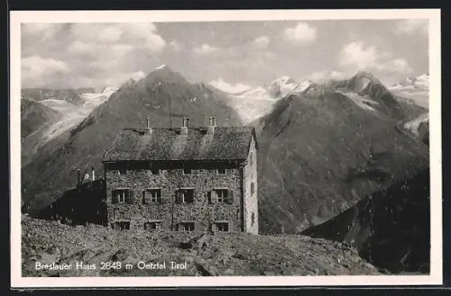 AK Breslauer Haus, Berghütte im Oetztal mit Gipfelpanorama aus der Vogelschau