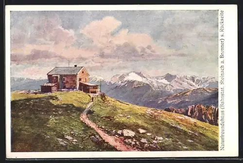 AK Padasterjoch-Naturfreundehaus, Berghütte mit Gebirgspanorama