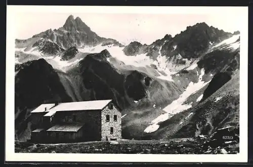 AK Darmstädterhütte, Berghütte mit Bergpanorama