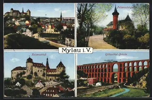 AK Mylau, Ortsansicht, Kaiserschloss, Felsenschänke, Göltzschtalbrücke mit Eisenbahn