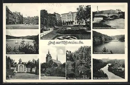 AK Mittweida i.Sa., Technikum, Markt, Ehrenmal, Partie am Schwanenteich