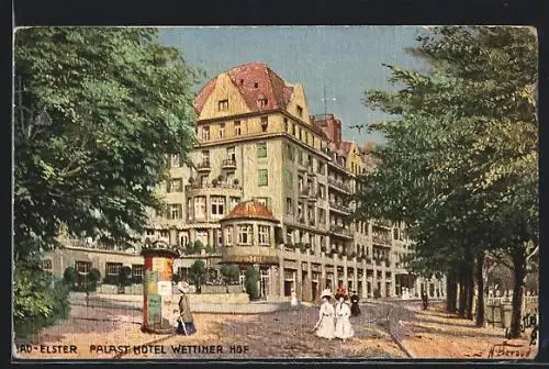 Künstler-AK Bad Elster, Palast Hotel Wettiner Hof