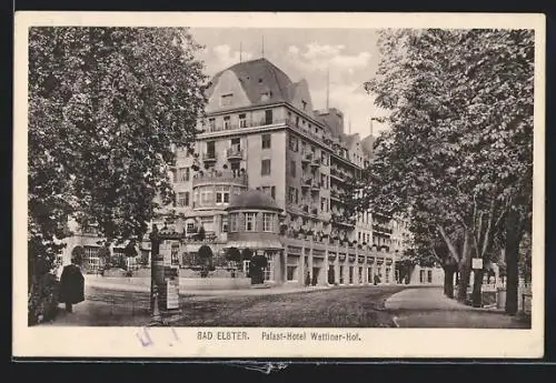 AK Bad Elster, Palast-Hotel Wettiner Hof mit Strasse, Litfasssäule