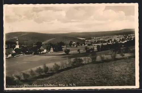 AK Schellerhau /Erzgeb., Totalansicht mit Feldern und Kirche