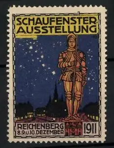 Reklamemarke Reichenberg, Schaufenster-Ausstellung 1911, Stadtansicht, Standbild eines Ritters