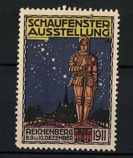 Reklamemarke Reichenberg, Schaufenster-Ausstellung 1911, Stadtansicht, Standbild eines Ritters
