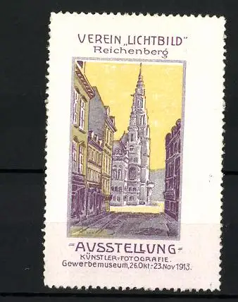 Reklamemarke Reichenberg, Ausstellung f. Künstler & Fotografie 1913, Verein Lichtbild, Stadtansicht
