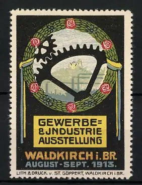 Reklamemarke Waldkirch i. Br., Gewerbe- und Industrie-Ausstellung 1913, Schlossruine & Zahnräder im Blumenkranz