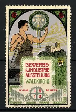 Reklamemarke Waldkirch i. Br., Gewerbe- und Industrie-Ausstellung 1913, Schmied mit Hammer, Burgruine