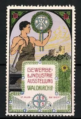 Reklamemarke Waldkirch i. Br., Gewerbe- und Industrie-Ausstellung 1913, Schmied mit Hammer, Burgruine