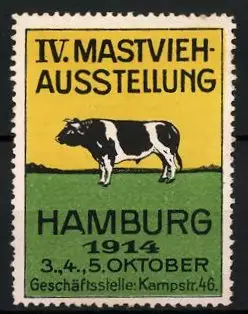 Reklamemarke Hamburg, IV. Mastvieh-Ausstellung 1914, Rind steht auf einer Weide