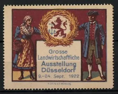 Reklamemarke Düsseldorf, Grosse Landwirtschaftliche Ausstellung 1922, Paar in Tracht mit Wappen