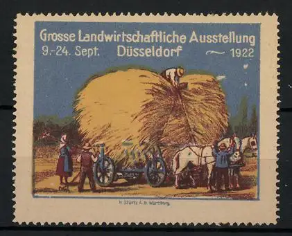 Reklamemarke Düsseldorf, Grosse Landwirtschaftliche Ausstellung 1922, Bauern transportieren das Getreide ab