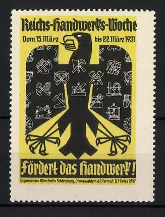 Reklamemarke Berlin, Reichs-Handwerks-Woche Fördert das Handwerk! 1931, Messelogo Adler
