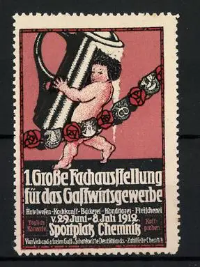 Reklamemarke Chemnitz, 1. Grosse Fachausstellung f. d. Gastwirtsgewerbe 1912, nackter Bube mit grossem Bierkrug