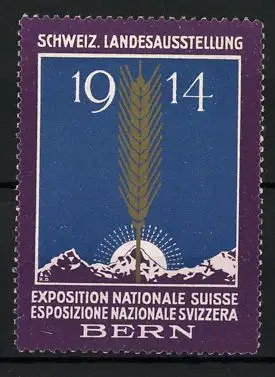 Reklamemarke Bern, Schweiz. Landesausstellung 1914, Getreideähre und Gebirge