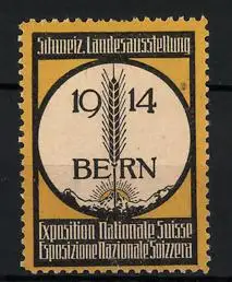 Reklamemarke Bern, Schweiz. Landesausstellung 1914, Getreideähre und Gebirge