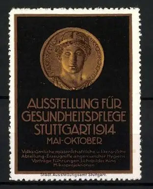 Reklamemarke Stuttgart, Ausstellung f. Gesundheitspflege 1914, Goldmedaille griech. Gott