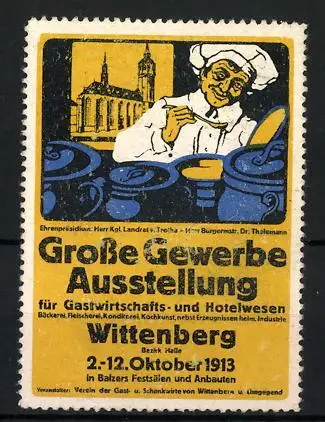 Reklamemarke Wittenberg, Grosse Gewerbe-Ausstellung f. Gastwirtschafts- und Hotelwesen 1913, Kirche, Koch am Topf