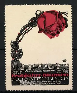 Künstler-Reklamemarke Otto Ottler, München, Frühjahrs-Blumen-Ausstellung 1914, Rose ragt über die Stadt