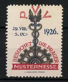 Reklamemarke Prag, Prager Mustermesse 1926, Hermesstab & Messelogo