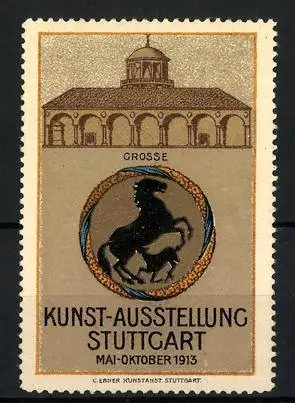 Reklamemarke Stuttgart, Grosse Kunst-Ausstellung 1913, Gebäude, Wappen mit Pferd