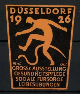 Präge-Reklamemarke Düsseldorf, Grosse Ausstellung f. Gesundheitspflege & Leibesübungen 1926, Mann und Schlange