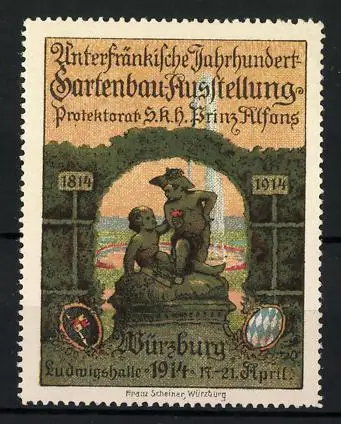 Reklamemarke Würzburg, Unterfränkische Jahrhundert-Gartenbau-Ausstellung 1914, 1814-1914, Plastik & Wappen