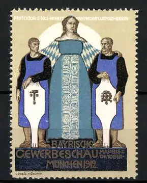 Reklamemarke München, Ausstellung Bayrische Gewerbeschau 1912, Frau mit zwei Handwerkern