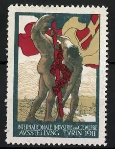 Reklamemarke Turin, Internationale Industrie- und Gewerbe-Ausstellung 1911, nackte Männer mit Flagge