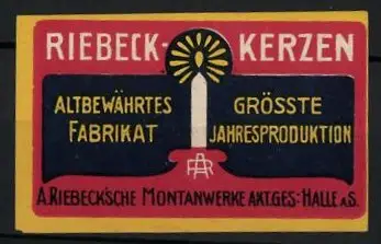 Reklamemarke Riebeck-Kerzen, altbewährtes Fabrikat, A. Riebeck'sche Montanwerke AG, brennende Kerze, Firmenlogo
