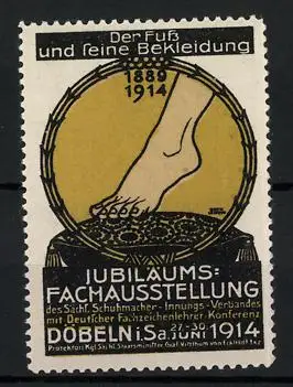 Reklamemarke Döbeln i. Sa., Jubiläums-Fachausstellung Der Fuss und seine Bekleidung 1914, nackter Fuss