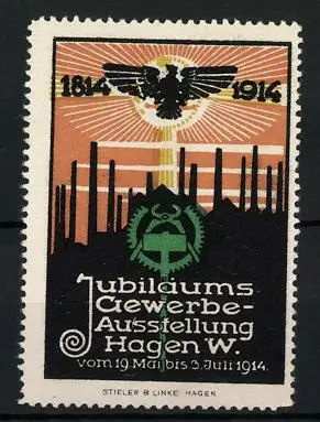 Reklamemarke Hagen i. W., Jubiläums-Gewerbe-Ausstellung 1914, 1814-1914, Fabirkansicht, Adler & Messelogo