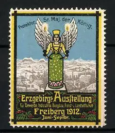 Reklamemarke Freiberg, Erzgebirgs-Ausstellung 1912, Stadtansicht & Erzengel