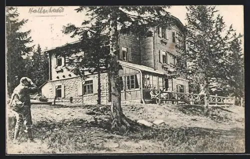 AK Hallerhaus, Berghütte mit Gästen am Wechsel