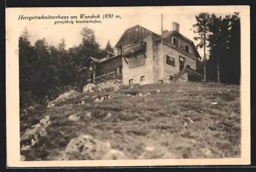 AK Herrgottschnitzerhaus am Wandeck, Motiv der Berghütte