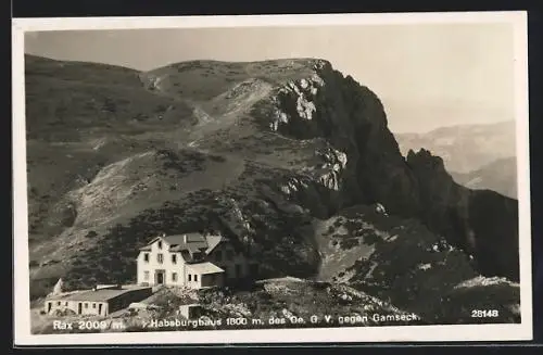 AK Habsburghaus, Berghütte des Oe. G. V. mit Rax und Gamseck