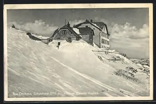 AK Ottohaus, Schutzhaus auf der Rax im Schnee, Pächter Camillo Kranich